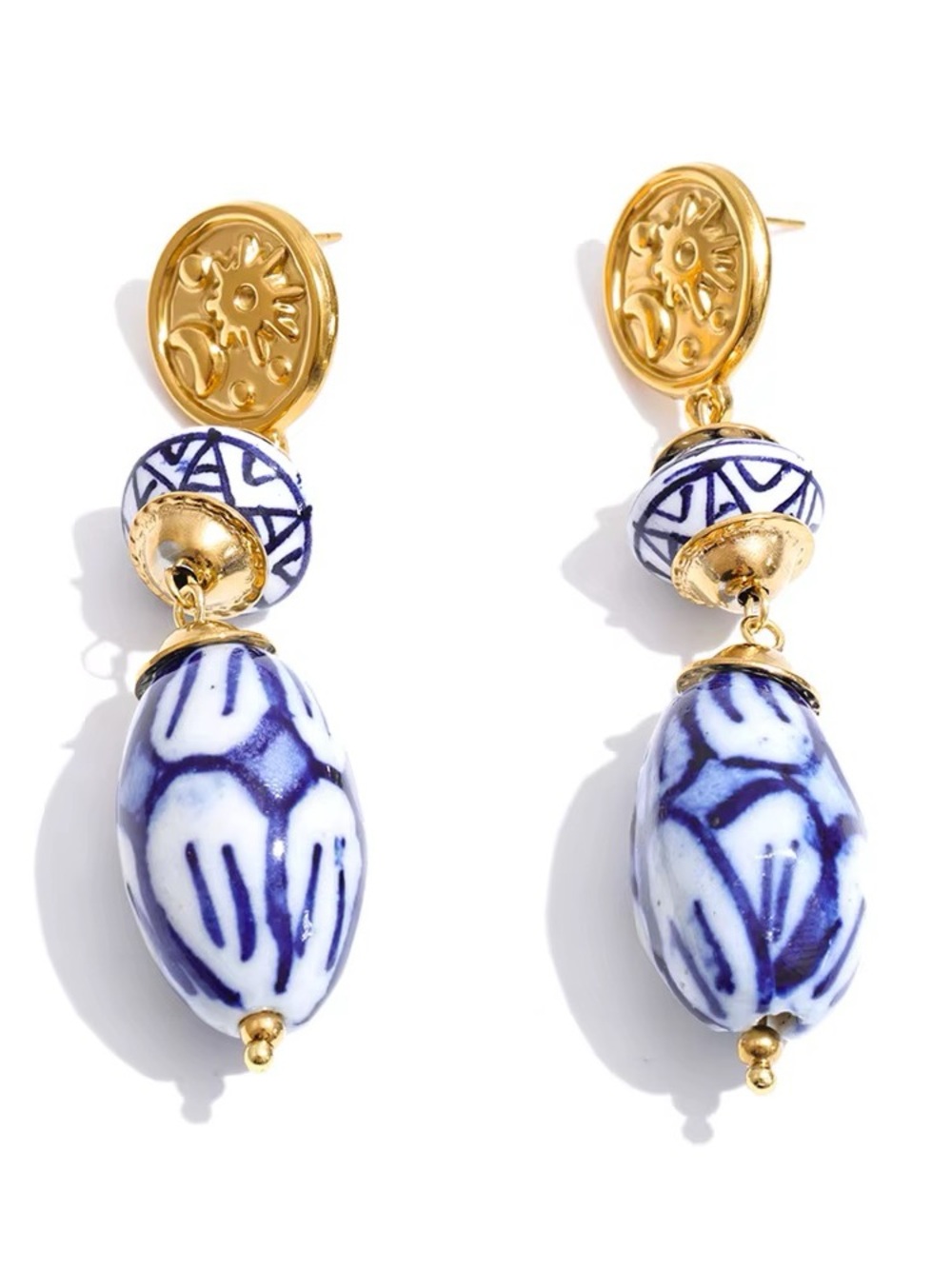 Gold and Blue Ceramic Drop Earrings - Women Jewelry